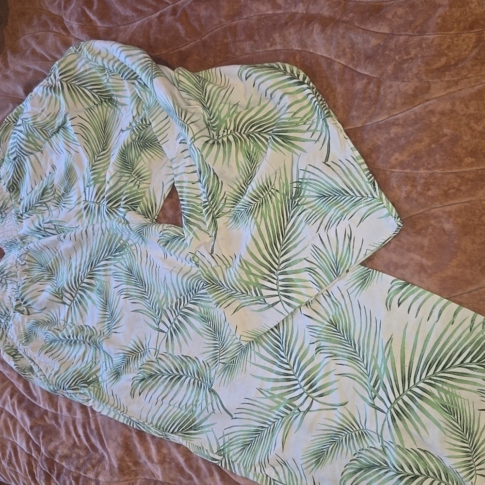 Sigrid Olsen White Wide-Leg Pants with Green Palm Print